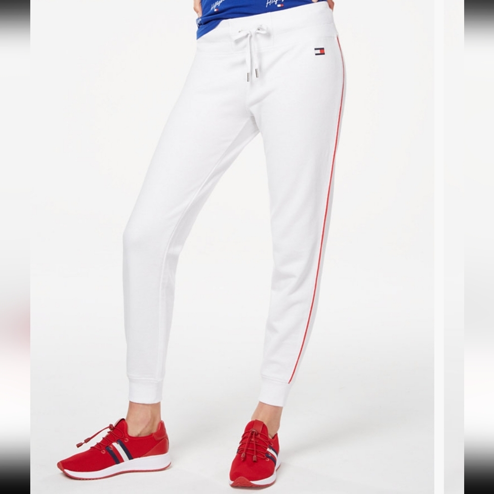 White Jogger Pants with Red Stripe